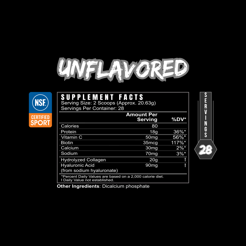 COLLAGEN PROTEIN supplement label with an unflavored variety, black packaging, white nutrition facts, and NSF Certified Sport badge.