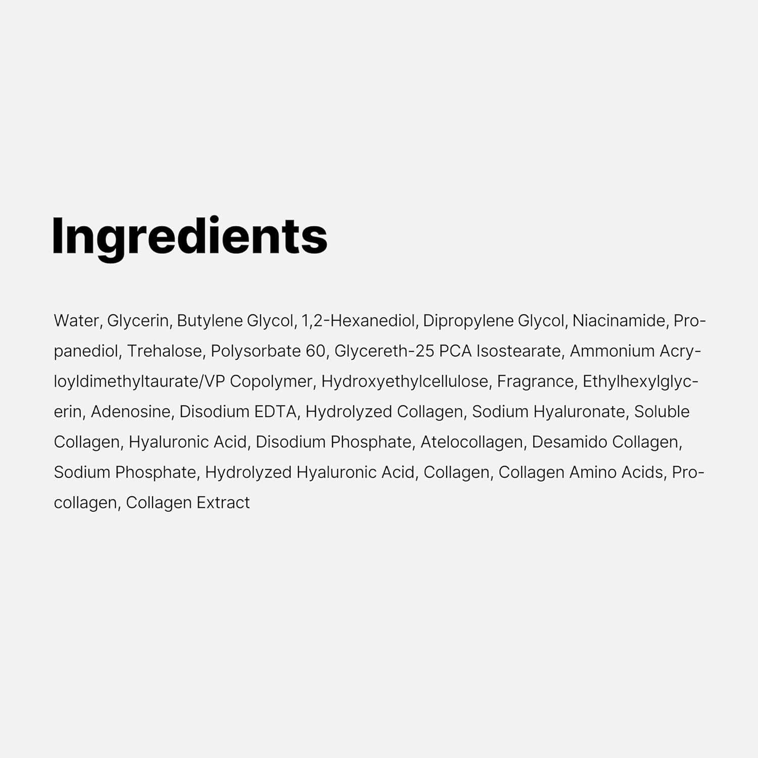 Ingredients text for Medicube collagen toner listing collagen, hyaluronic acid, niacinamide, and three collagen types