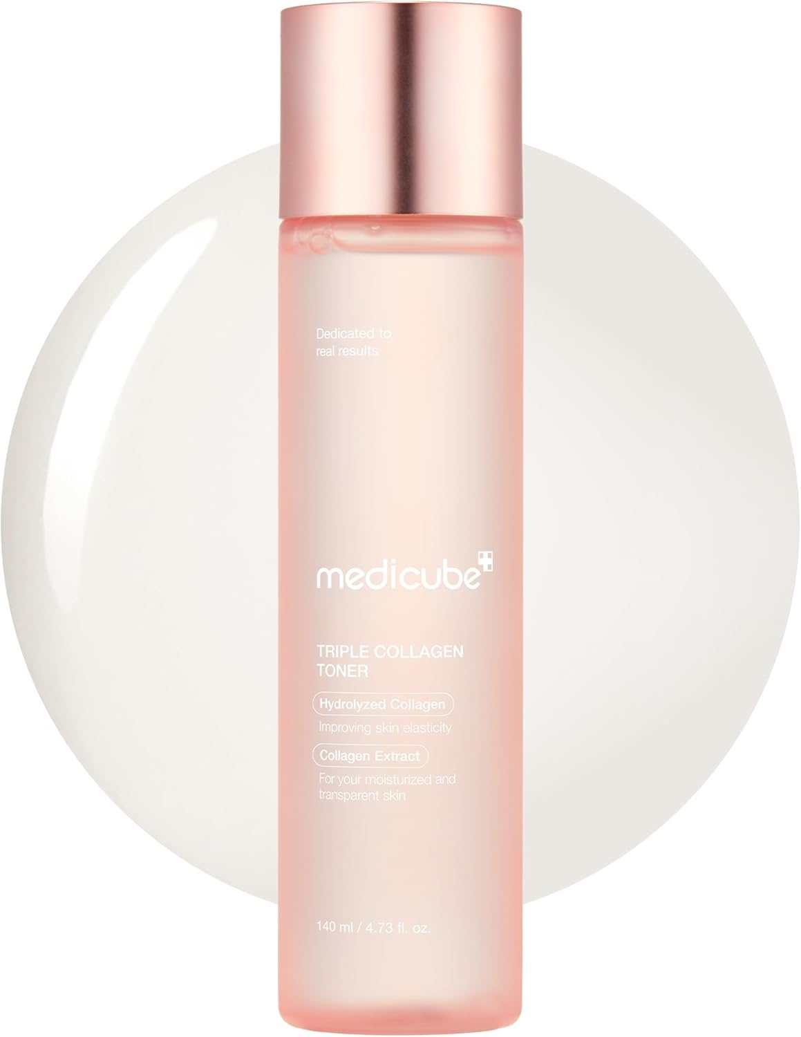 Collagen toner in a translucent pink bottle with a rose-gold cap, featuring Medicube Triple Collagen labeling and 140 mL size