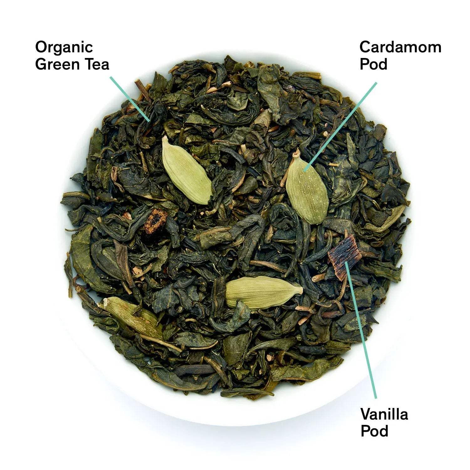 Combray - Vanilla Cardamom Green Tea, loose green tea leaves with cardamom and vanilla pods
