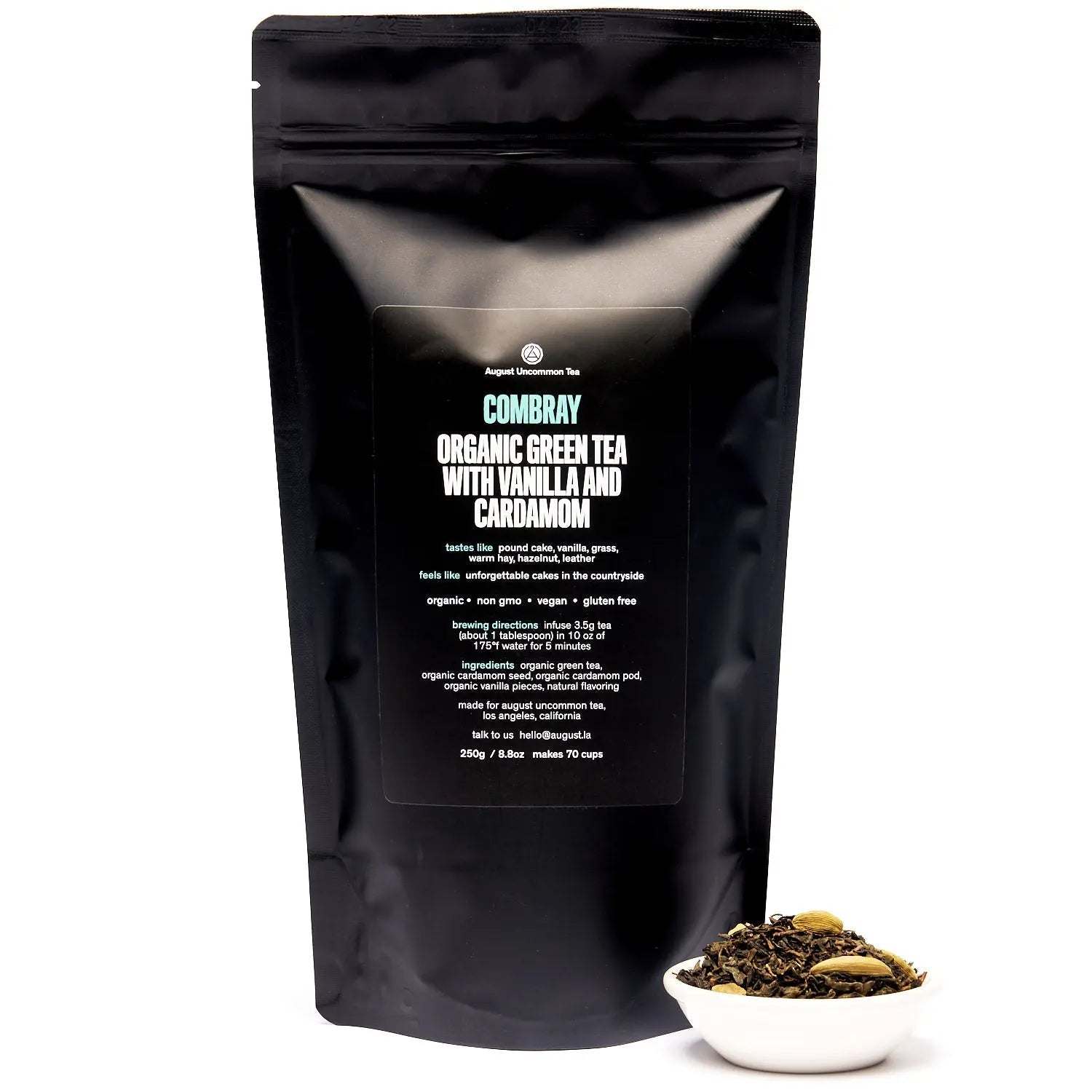 Combray - Vanilla Cardamom Green Tea in a black pouch, with loose green tea, cardamom and vanilla pieces