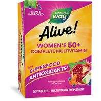 Complete Multivitamin Alive Women's 50+ multivitamin supplement box in orange pink with superfood antioxidants branding