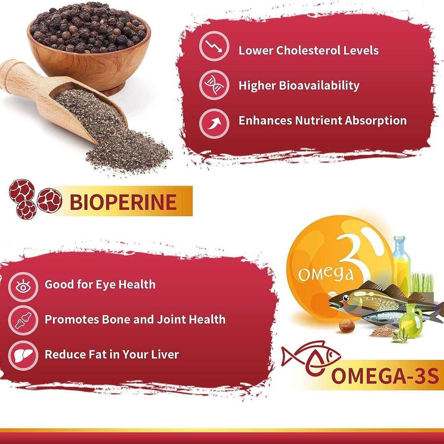 Supplement label featuring benefits of Bioperine and Omega-3s with natural ingredients visible, highlighting CoQ10 100 mg benefits.