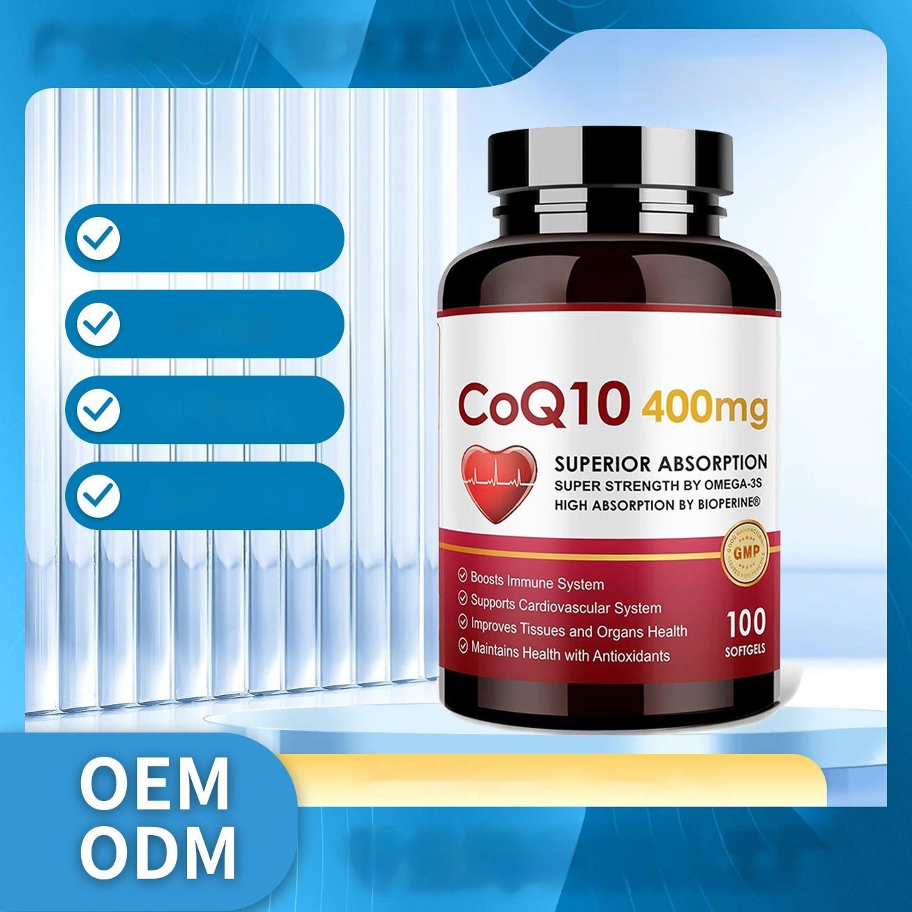 Coenzyme Q10 softgel bottle with red and white label showing "CoQ10 400 mg" and highlighting heart health benefits