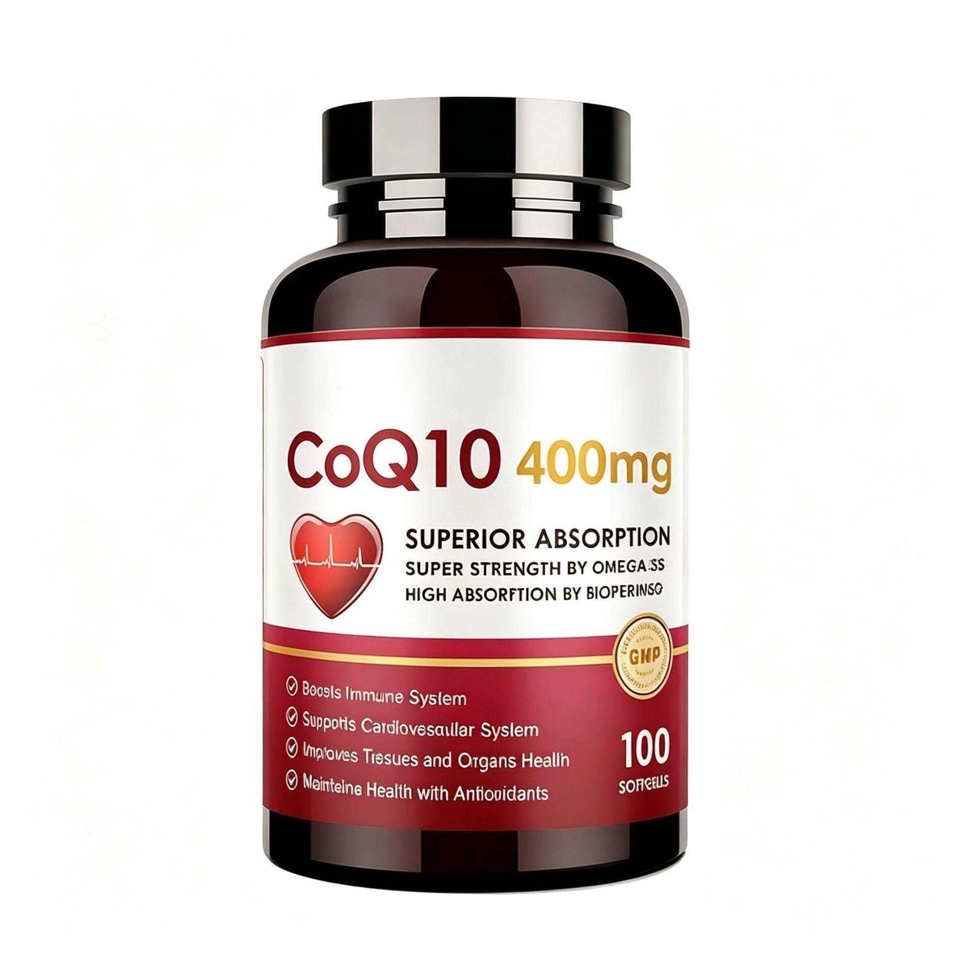 Coenzyme Q10 soft capsules in a dark brown bottle with a black cap, labeled 400 mg, supporting heart health and immunity with 100 softgels, featuring CoQ10 100 mg.