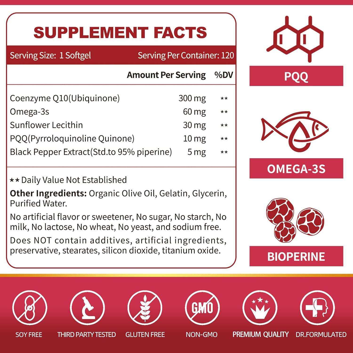 Supplement facts label for CoQ10 100 mg softgel dietary supplement with key ingredients and allergen information in red and white design