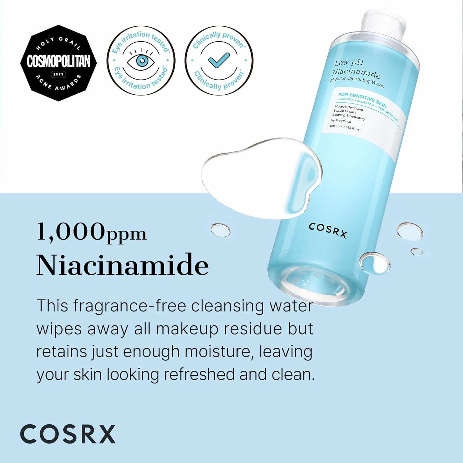 Cosrx Low pH Niacinamide micellar cleansing water in a clear blue bottle, featuring 1,000ppm niacinamide.