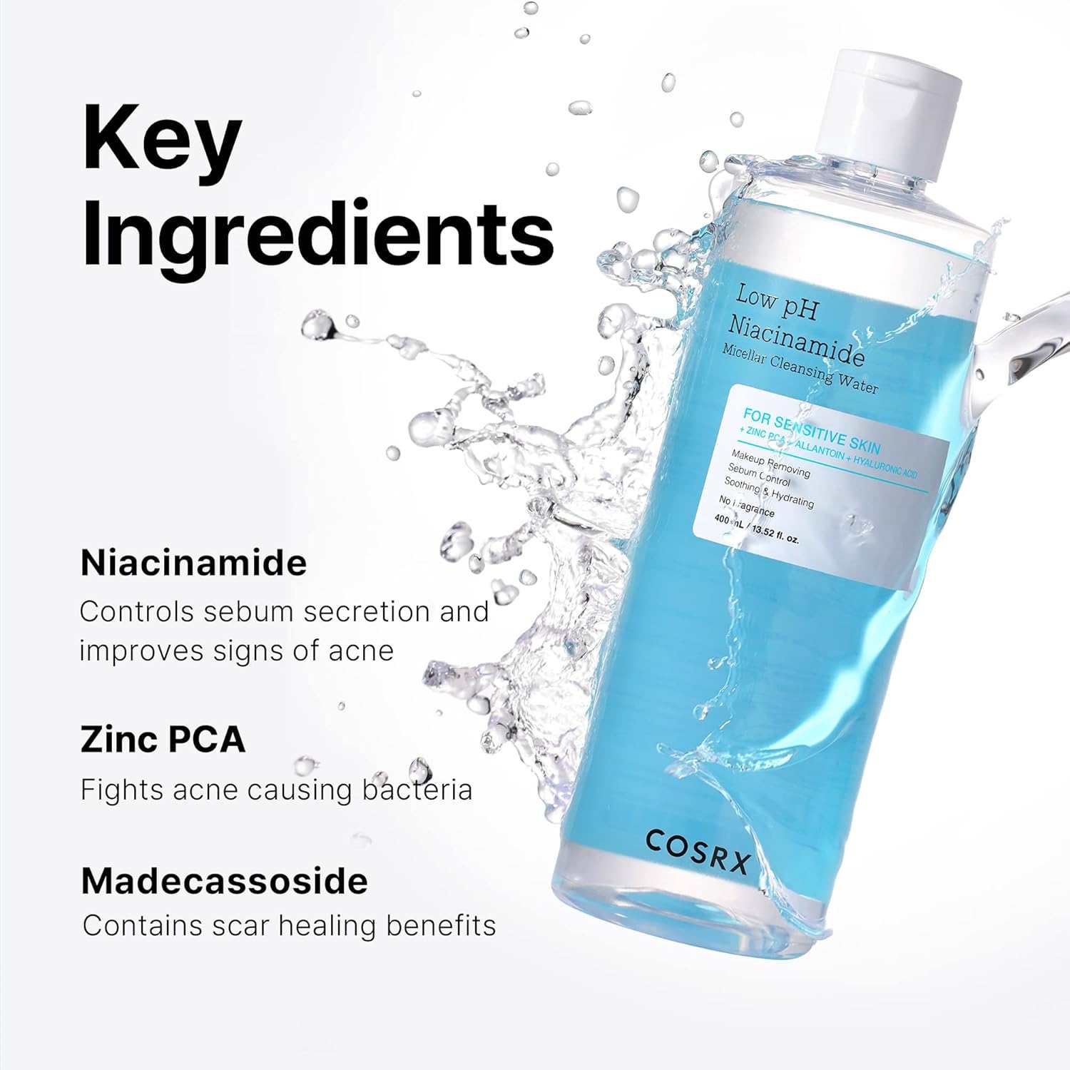 Cosrx Low pH Niacinamide micellar cleansing water in a clear bottle with bright blue liquid and white cap