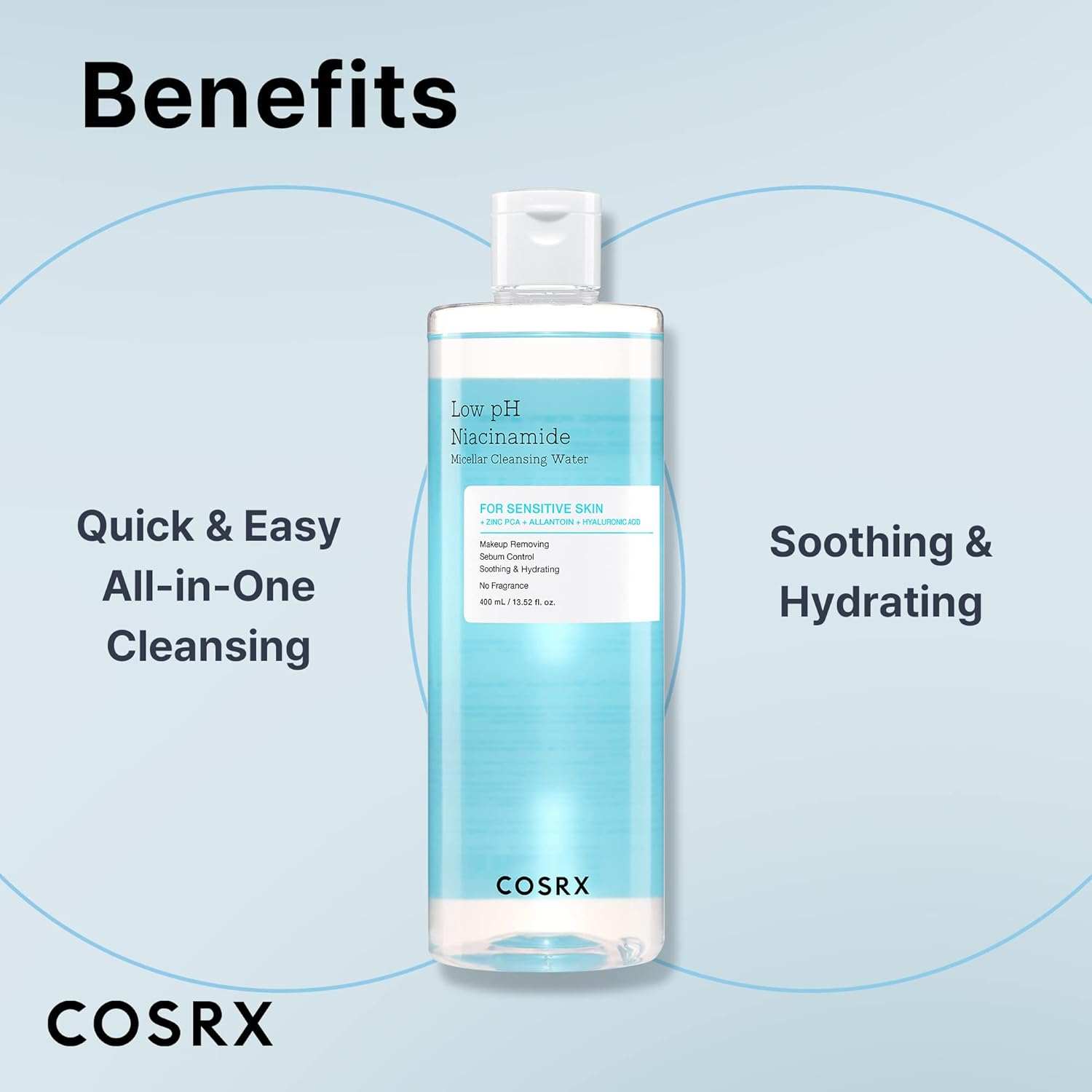Cosrx Low pH Niacinamide micellar cleansing water in a clear bottle with blue liquid and white pump cap