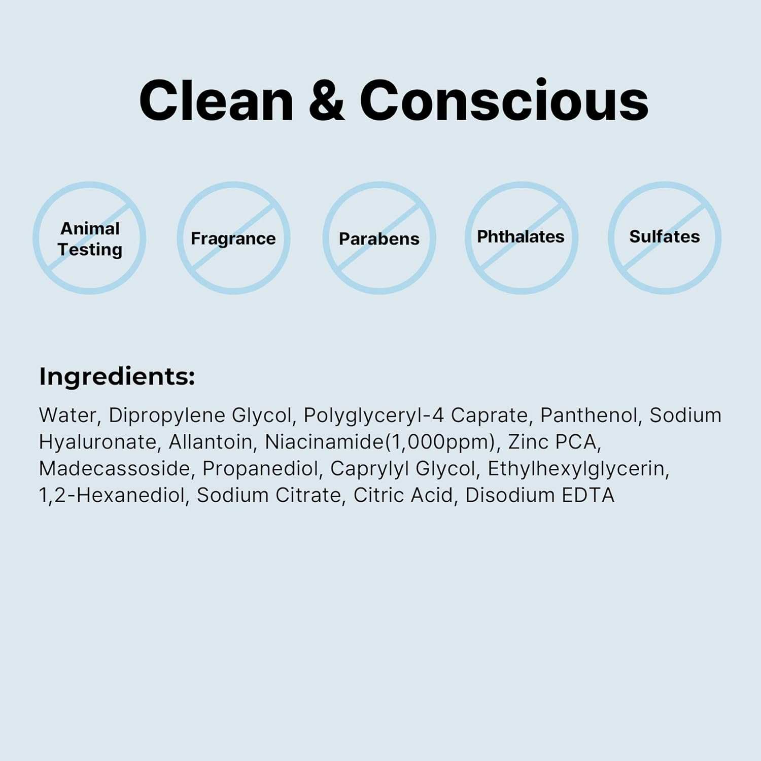 Cosrx Low pH Niacinamide cleansing water ingredient label with blue and black text, highlighting clean beauty claims
