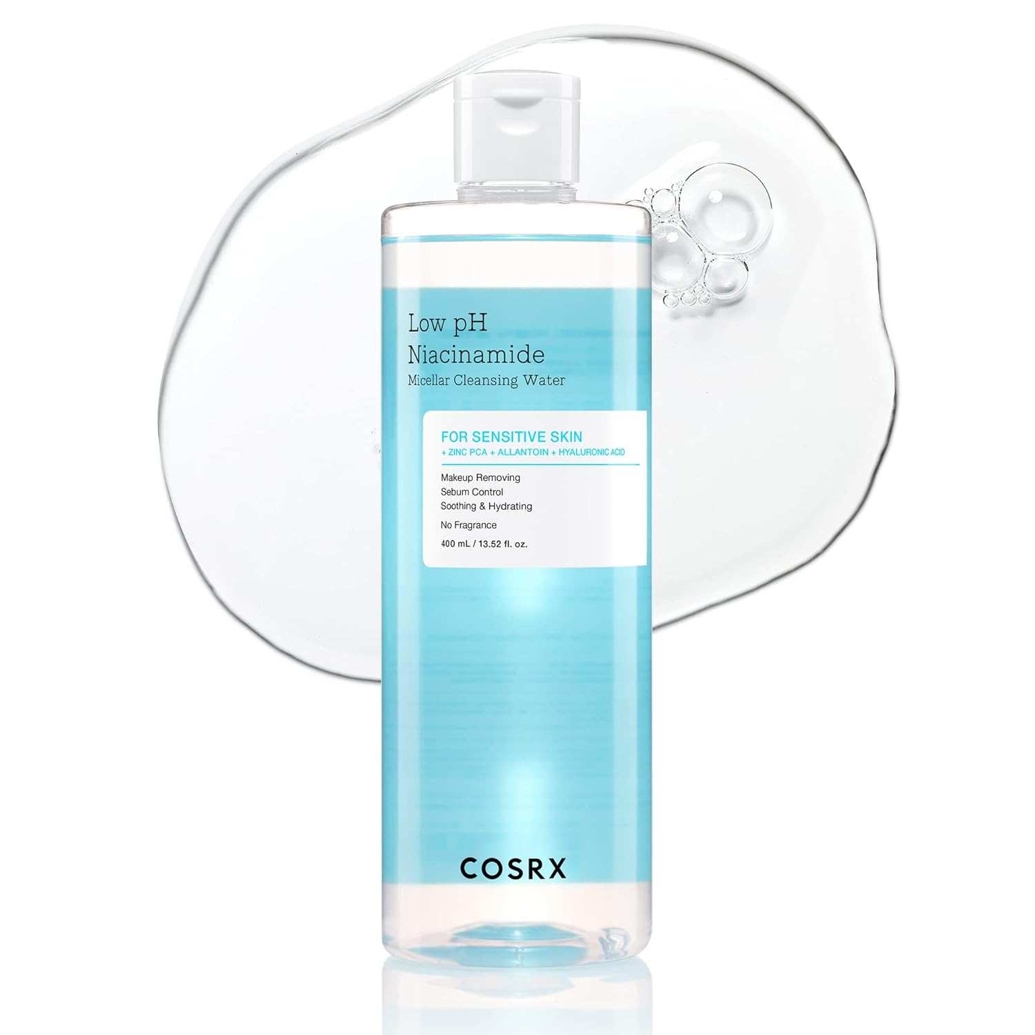 Cosrx Low pH Niacinamide micellar cleansing water in a clear bottle with turquoise liquid and pump dispenser