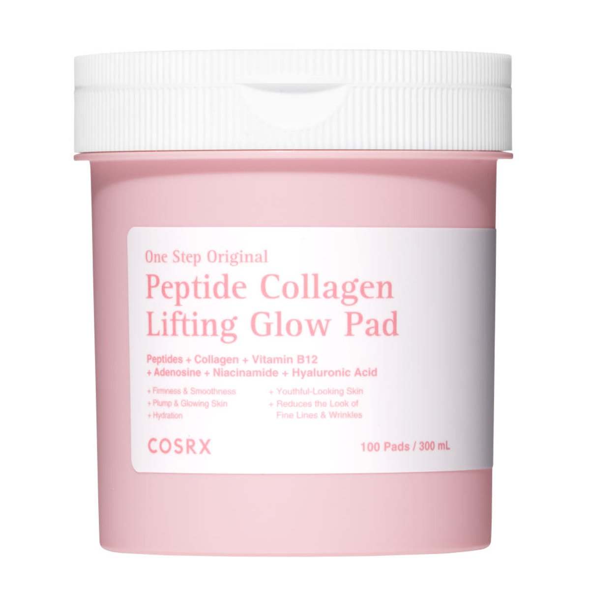 Skincare pad jar labeled COSRX Peptide Collagen Lifting Glow Pad, pale pink plastic with a white lid and label.