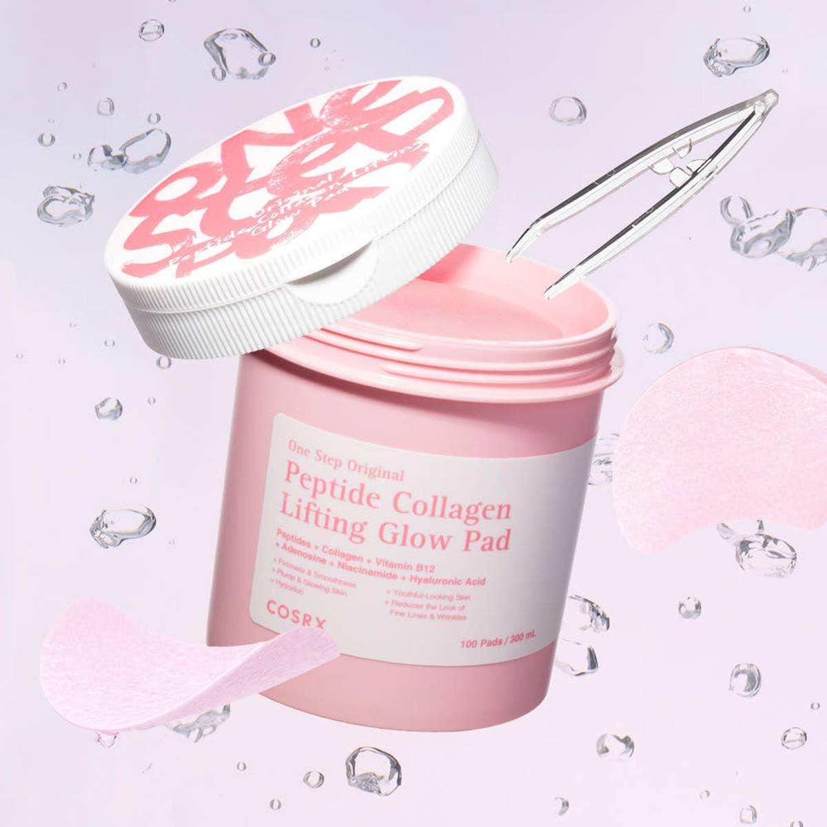 COSRX Peptide Collagen Lifting Glow Pad in a pink tub with a white floral-patterned lid and textured pads.