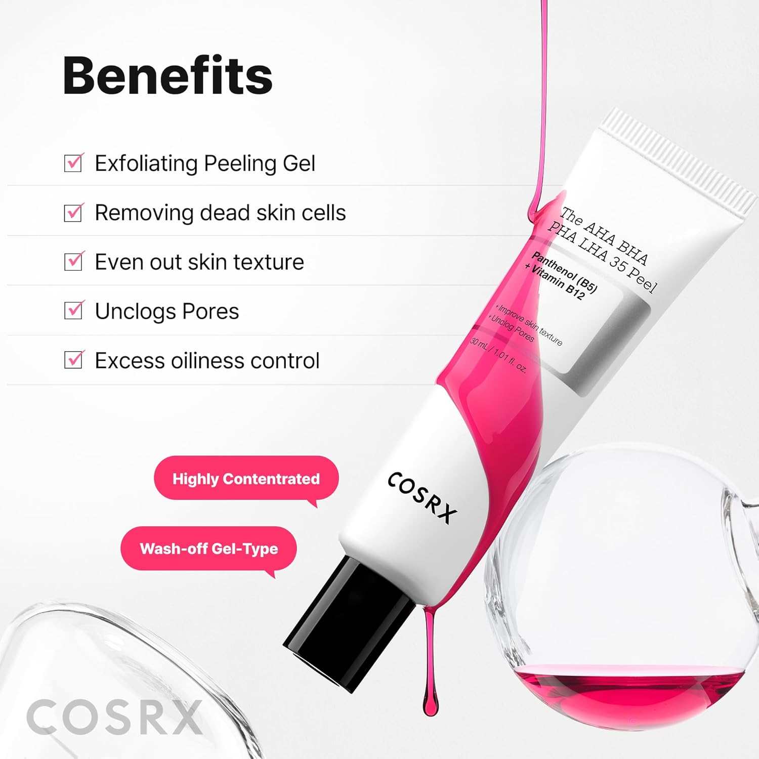 Cosrx The AHA BHA PHA LHA 35 Peel in white tube with black cap, featuring pink gel pouring and benefits listed in bold text.