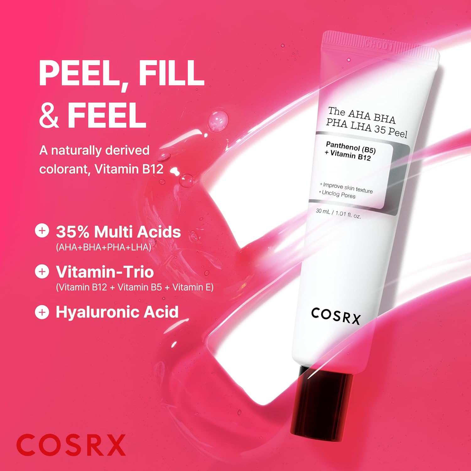 Cosrx The AHA BHA PHA LHA 35 Peel in a white tube with black cap, featuring text and minimalist design on a pink background