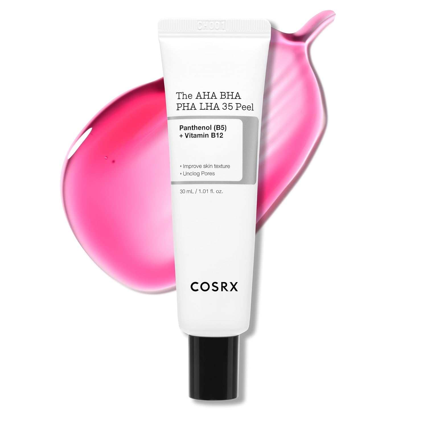 Cosrx The AHA BHA PHA LHA 35 Peel in white tube with black cap, featuring product text and pink gel smear behind.