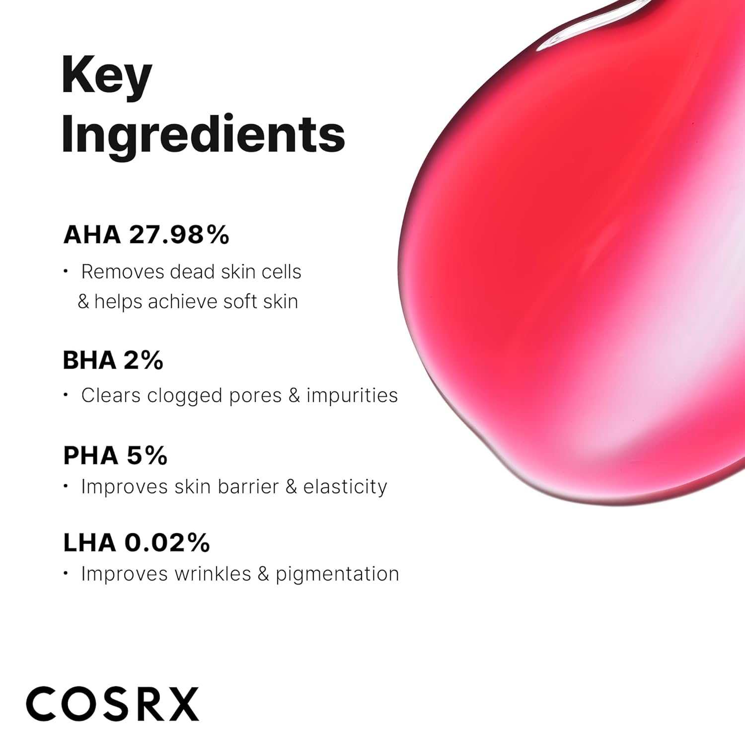 Cosrx The AHA BHA PHA LHA 35 Peel key ingredients with AHA 27.98%, BHA 2%, PHA 5%, and LHA 0.02% on white background and pink gel drop