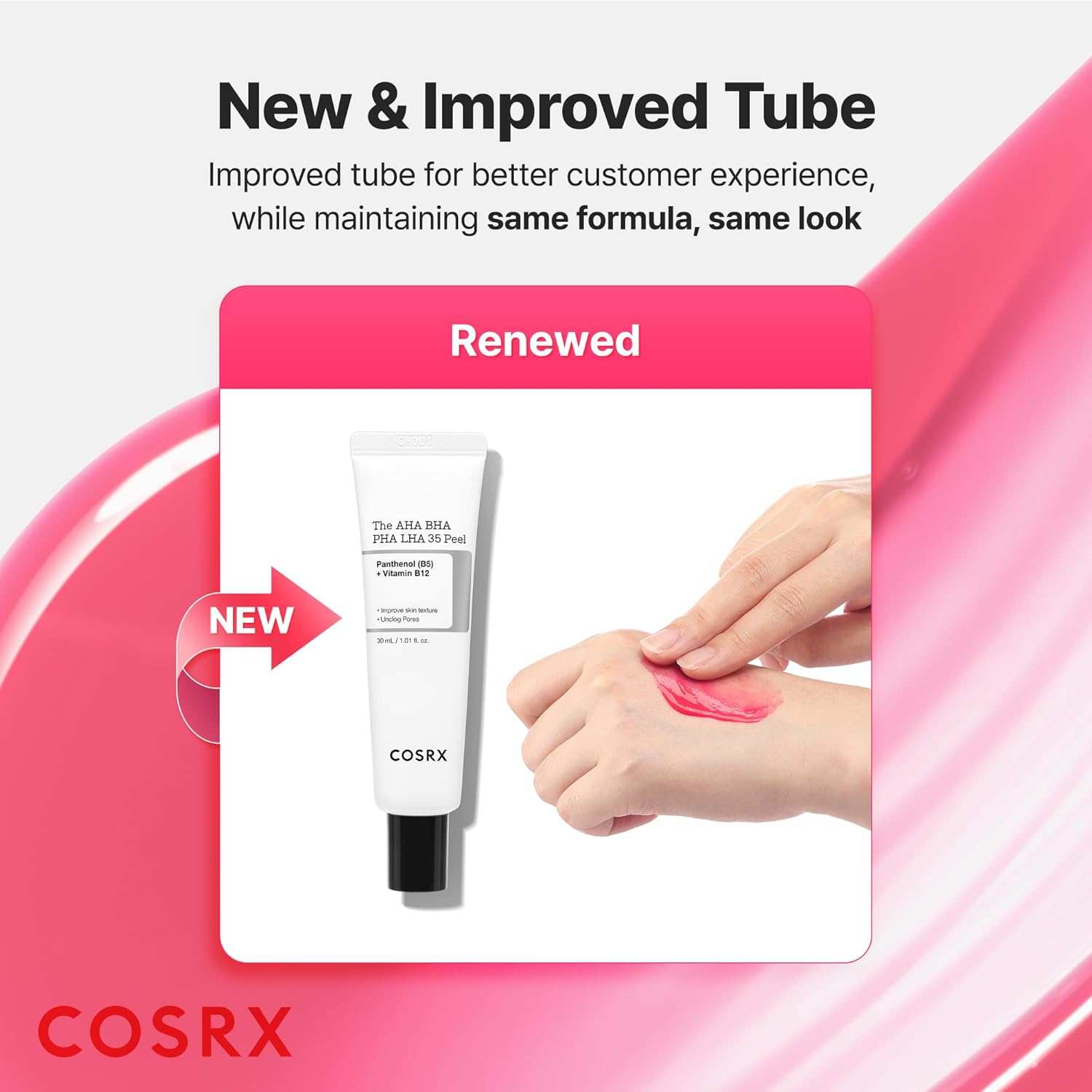 Cosrx The AHA BHA PHA LHA 35 Peel tube in white with black cap showing pink gel texture on hand for exfoliating skincare.