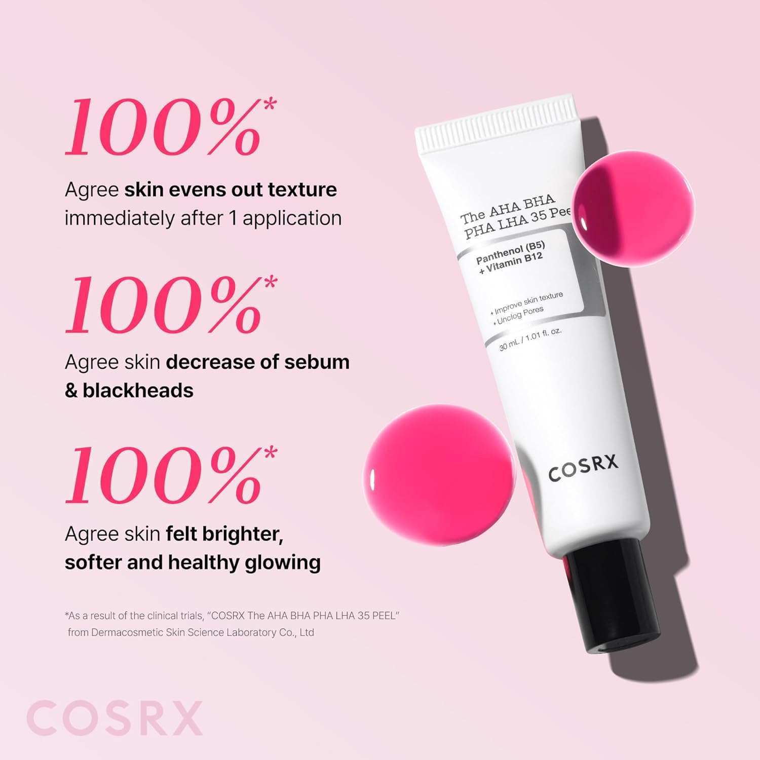 Cosrx The AHA BHA PHA LHA 35 Peel in white squeeze tube with black cap, featuring product label and pink liquid droplets.
