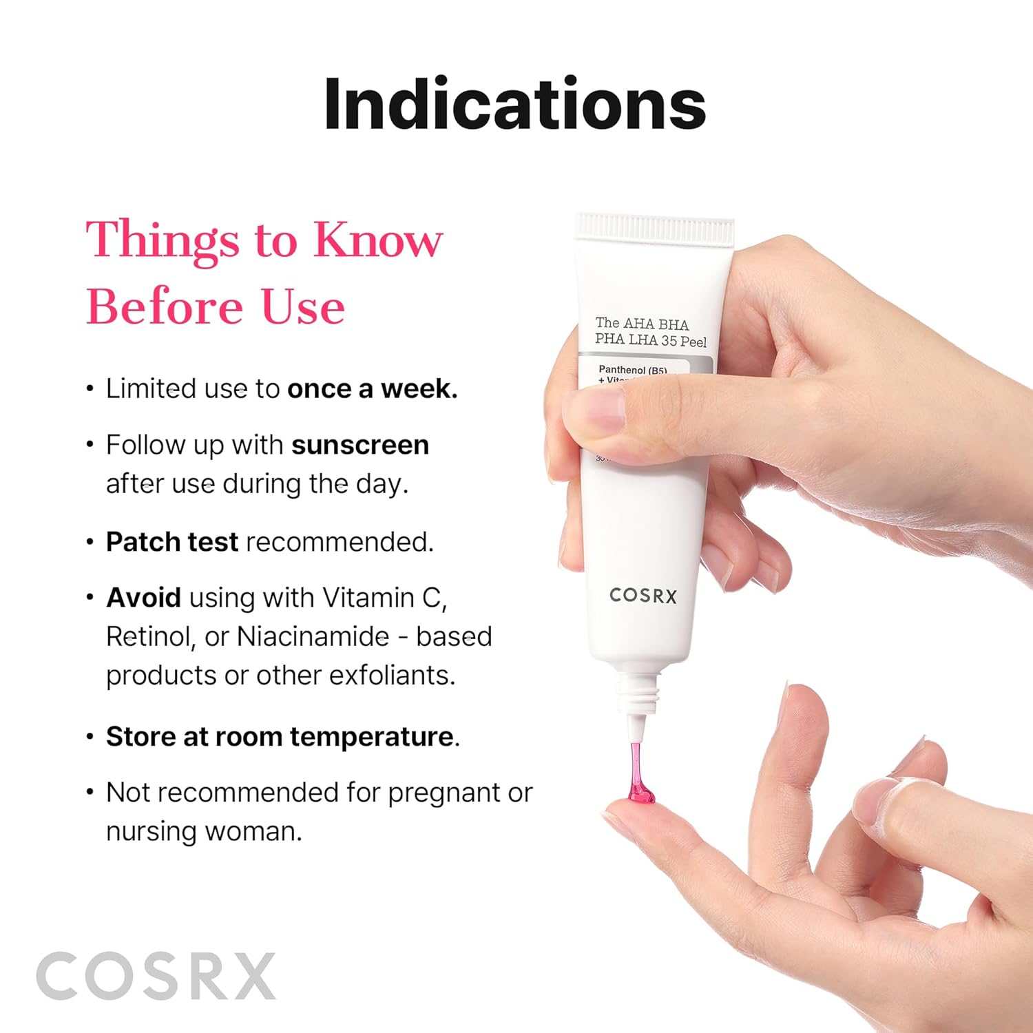 Cosrx The AHA BHA PHA LHA 35 Peel tube with white packaging and black text dispensing pink gel onto fingers
