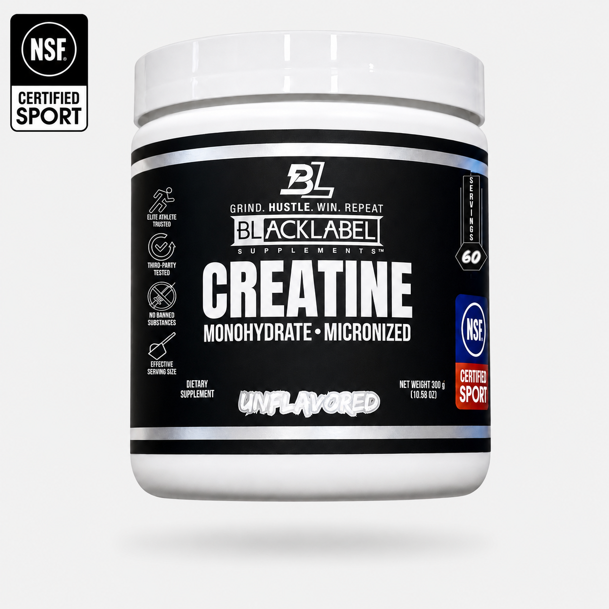 CREATINE MONOHYDRATE supplement tub with a black label, white lid, unflavored micronized creatine, and NSF Certified Sport badge
