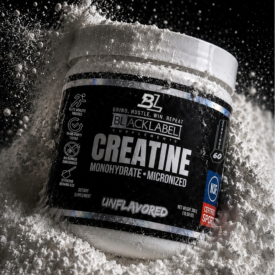 CREATINE MONOHYDRATE supplement in a black tub with a white lid, featuring a bold label and unflavored micronized powder