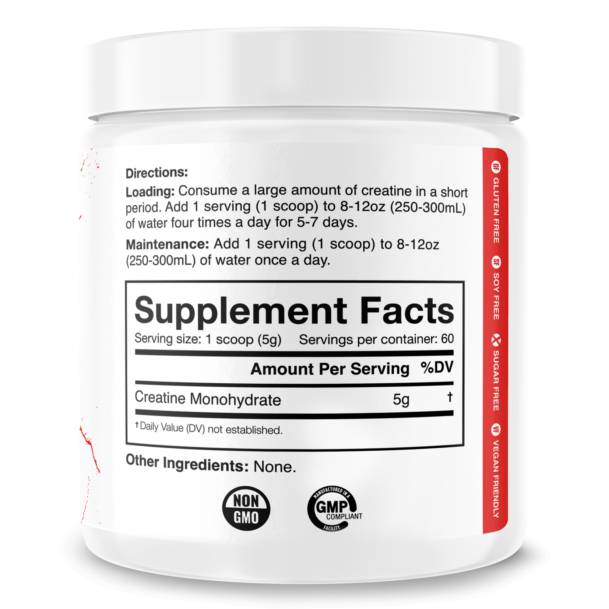 Creatine Monohydrate supplement container with white and red label, showing loading and maintenance dosage instructions
