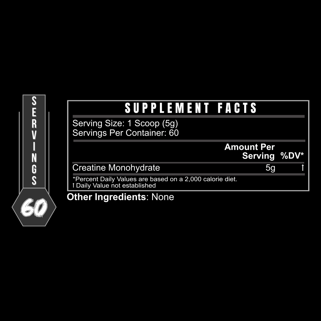 CREATINE MONOHYDRATE supplement facts label showing 5g per scoop, 60 servings, and no other ingredients