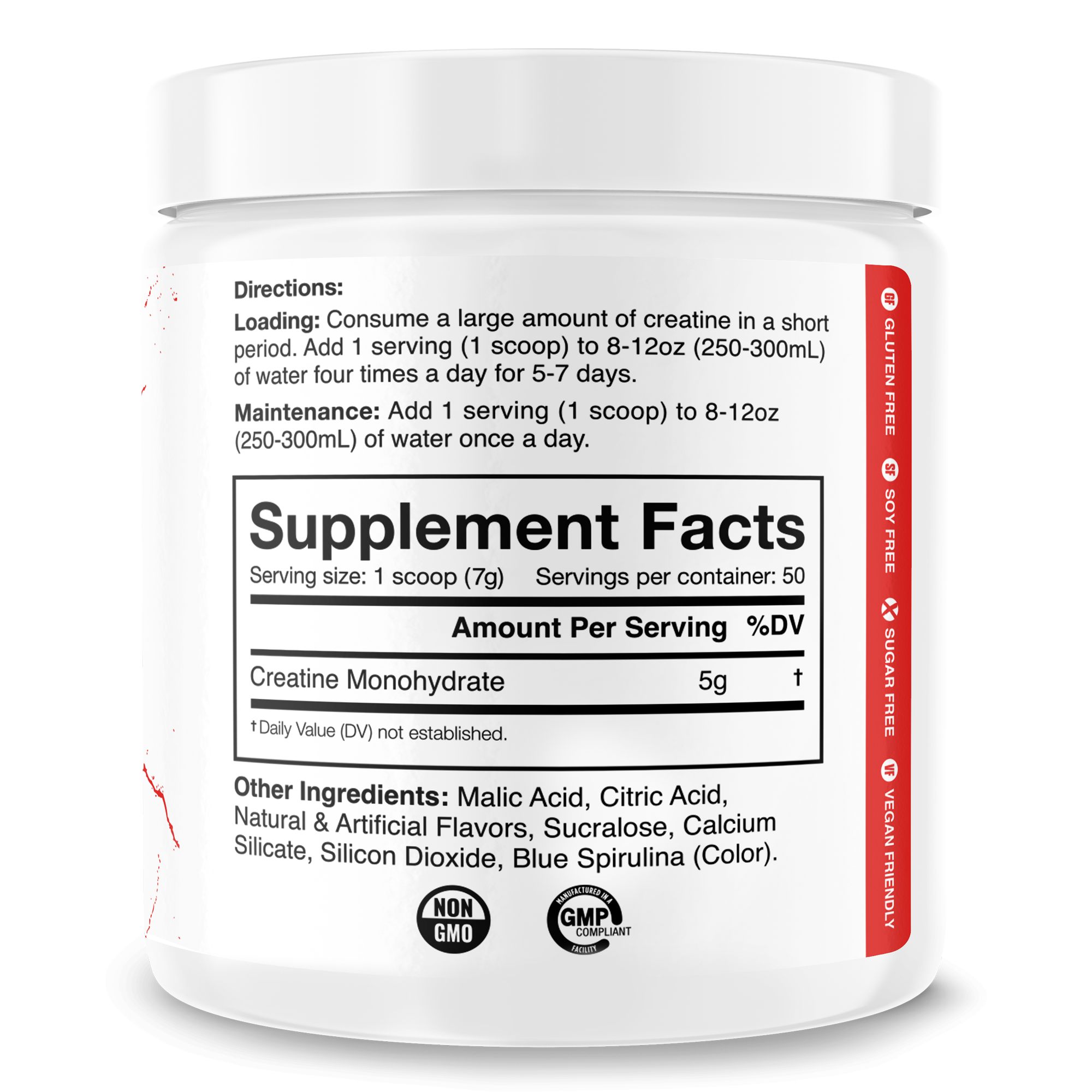 white plastic container of Creatine Monohydrate supplement with black and red text label showing supplement facts and usage directions