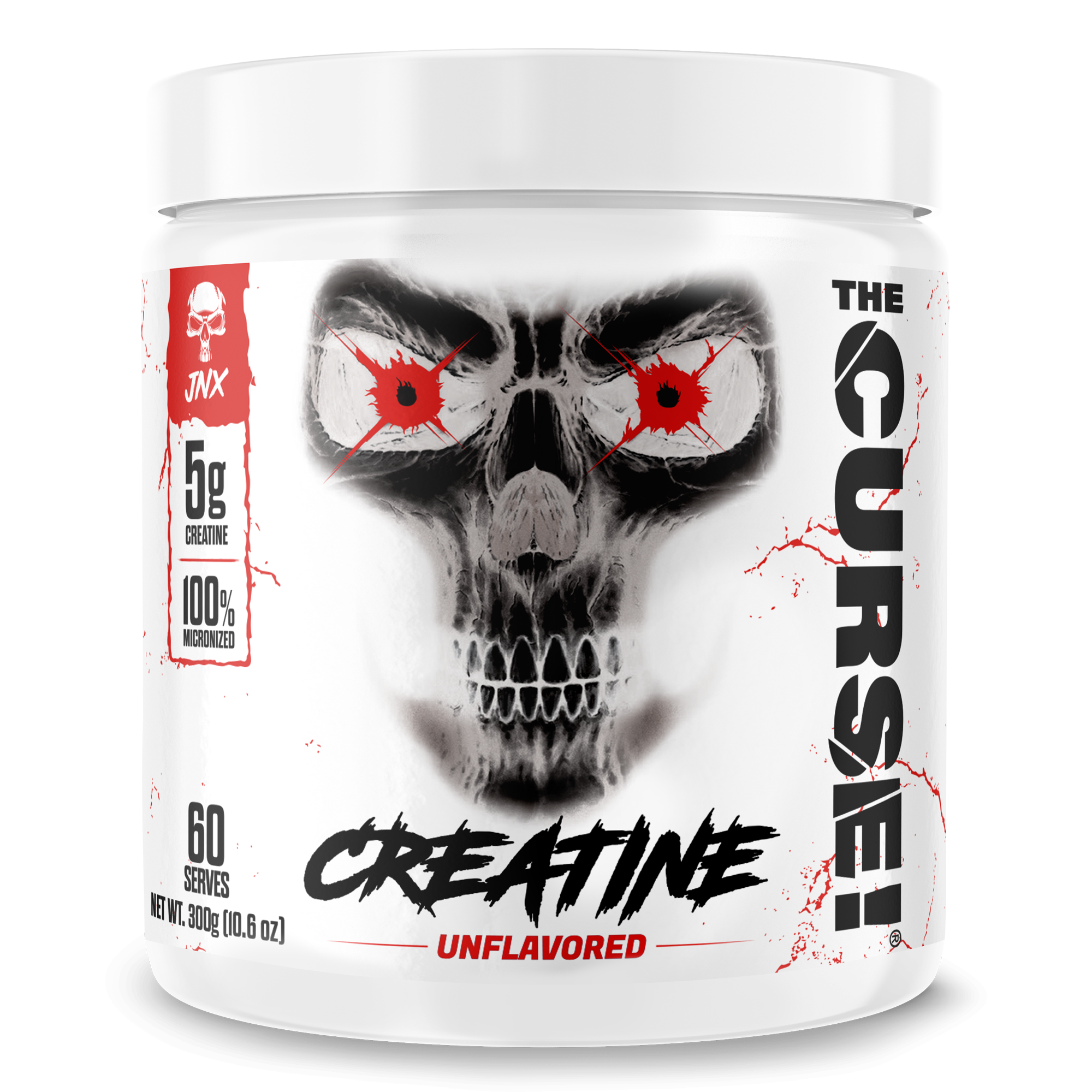 Creatine Monohydrate supplement container with white lid, featuring a black and red skull graphic and bold black text on a white label