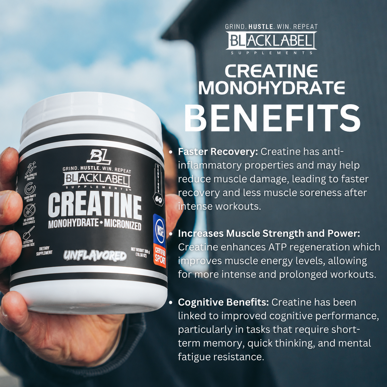CREATINE MONOHYDRATE supplement in a white tub with a black label, marked unflavored and micronized