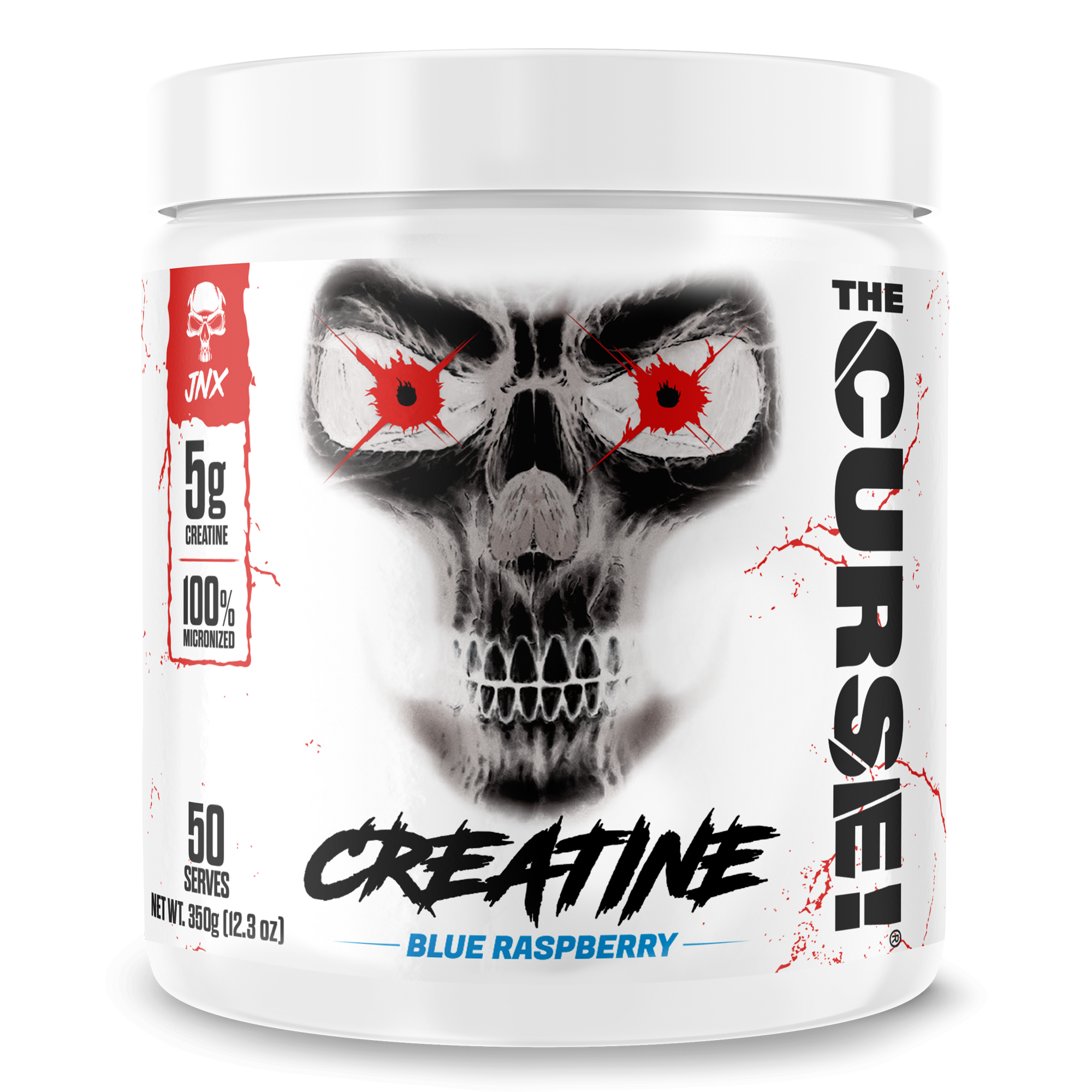 Creatine Monohydrate supplement container with white packaging featuring a black skull graphic and blue raspberry flavor