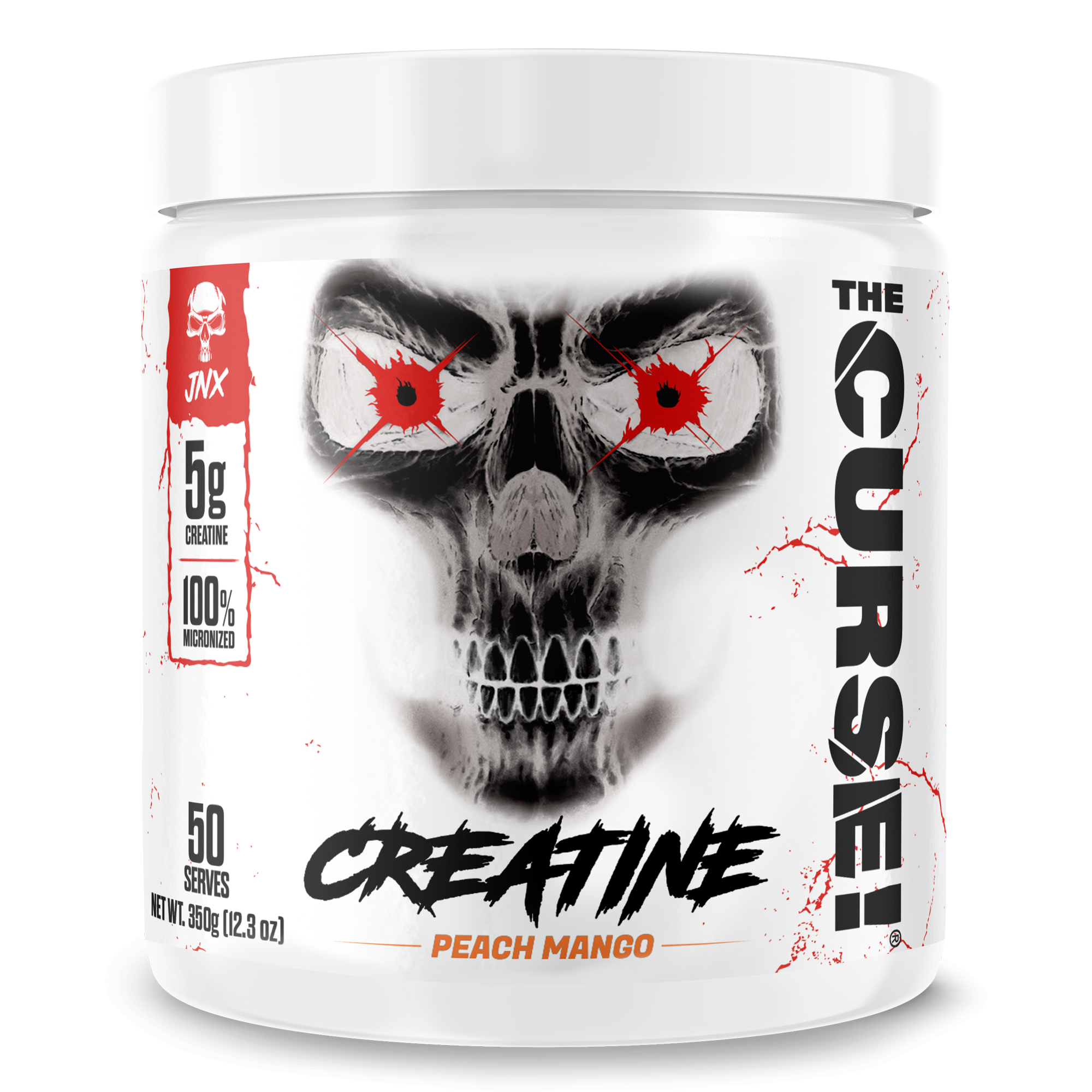Creatine Monohydrate white container with black and red skull graphic, black bold text, peach mango flavor