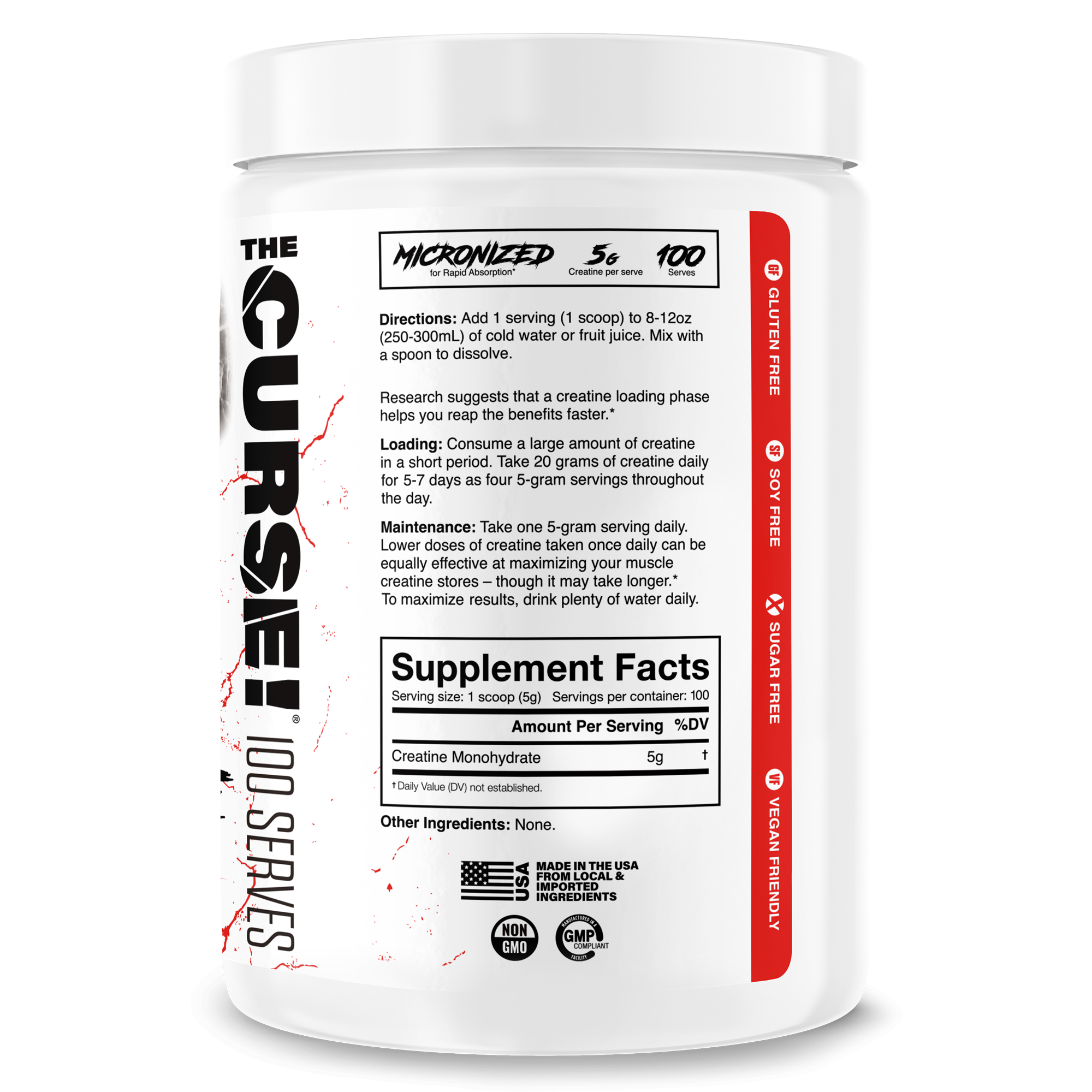 White container of The Curse! Creatine Monohydrate dietary supplement with red and black text showing usage directions and supplement facts label