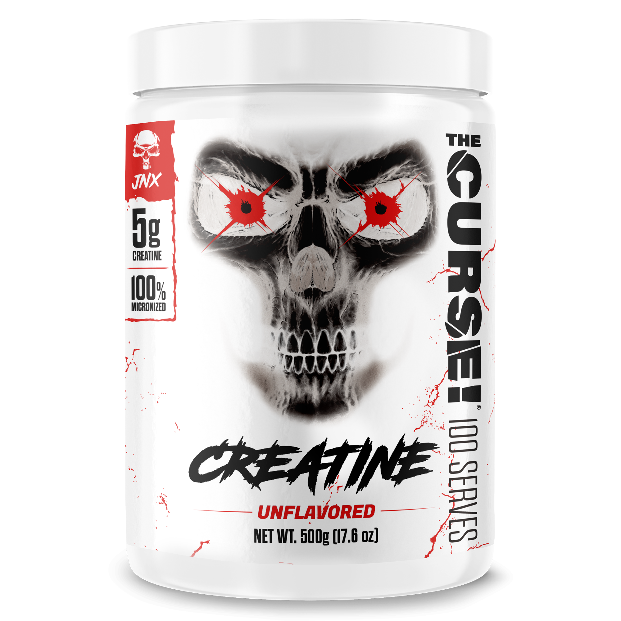 Creatine Monohydrate white plastic jar with skull logo and bold black and red text labeled The Curse! unflavored powder supplement