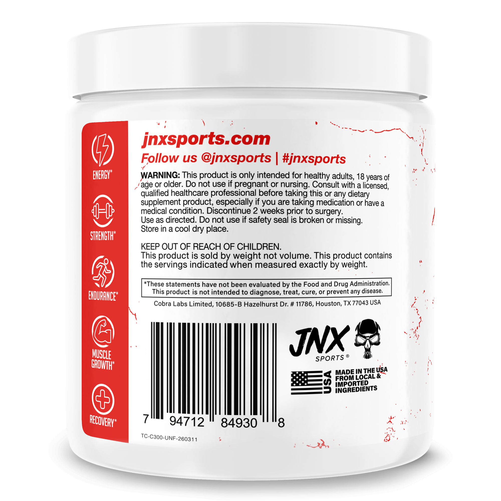 white plastic container of Creatine Monohydrate powder with red and black text and icons on the label, made in USA, showing usage warnings and social media info
