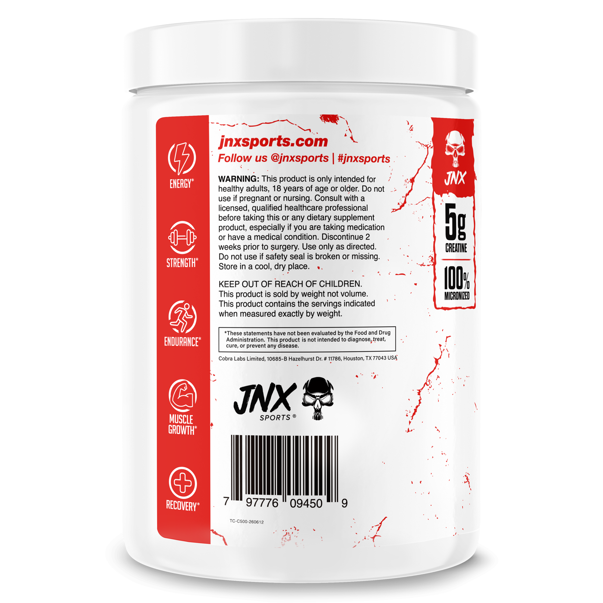 Creatine Monohydrate supplement container with white and red design featuring product info and branding