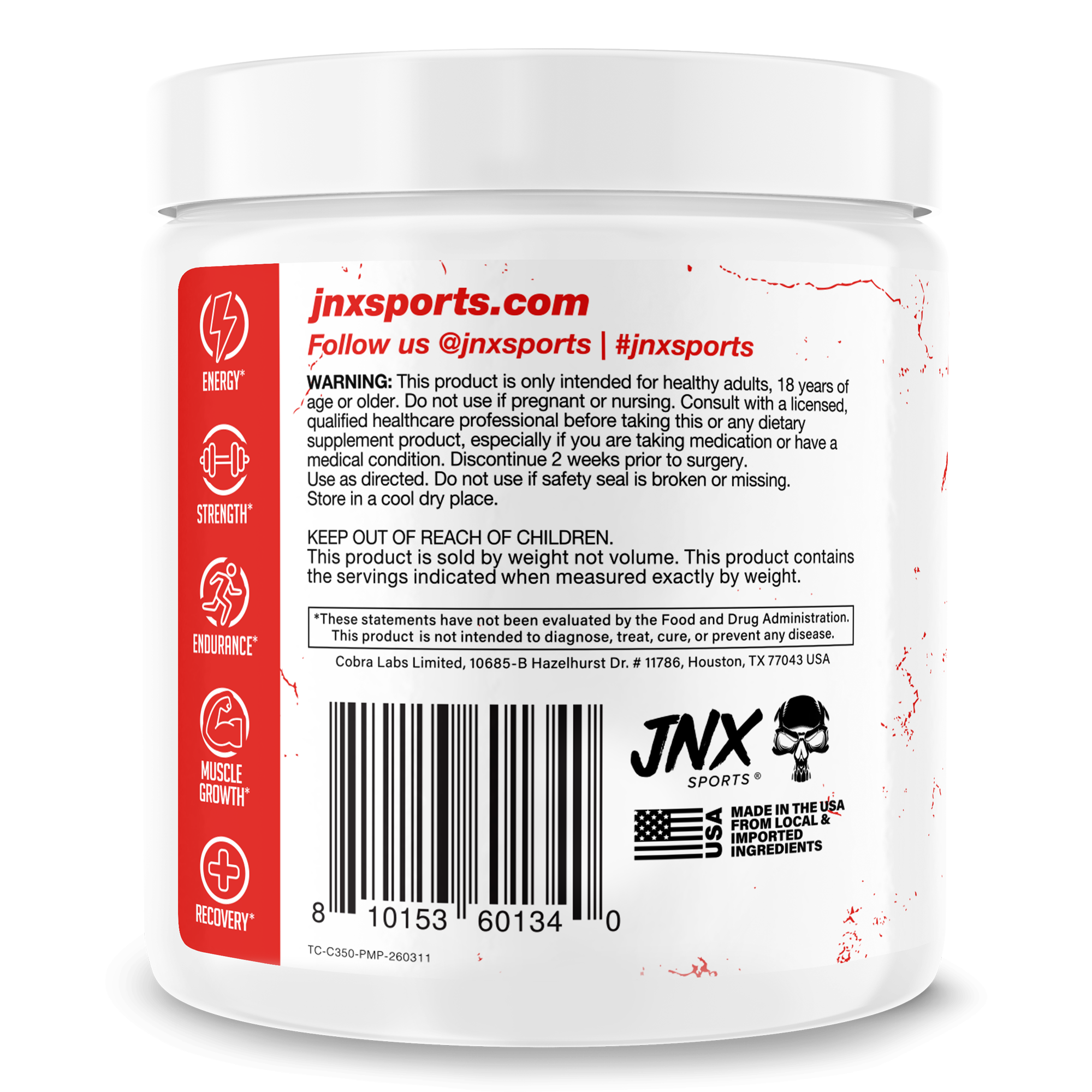 White plastic jar of Creatine Monohydrate sports supplement with red and black text and icons for energy, strength, endurance, muscle growth, and recovery
