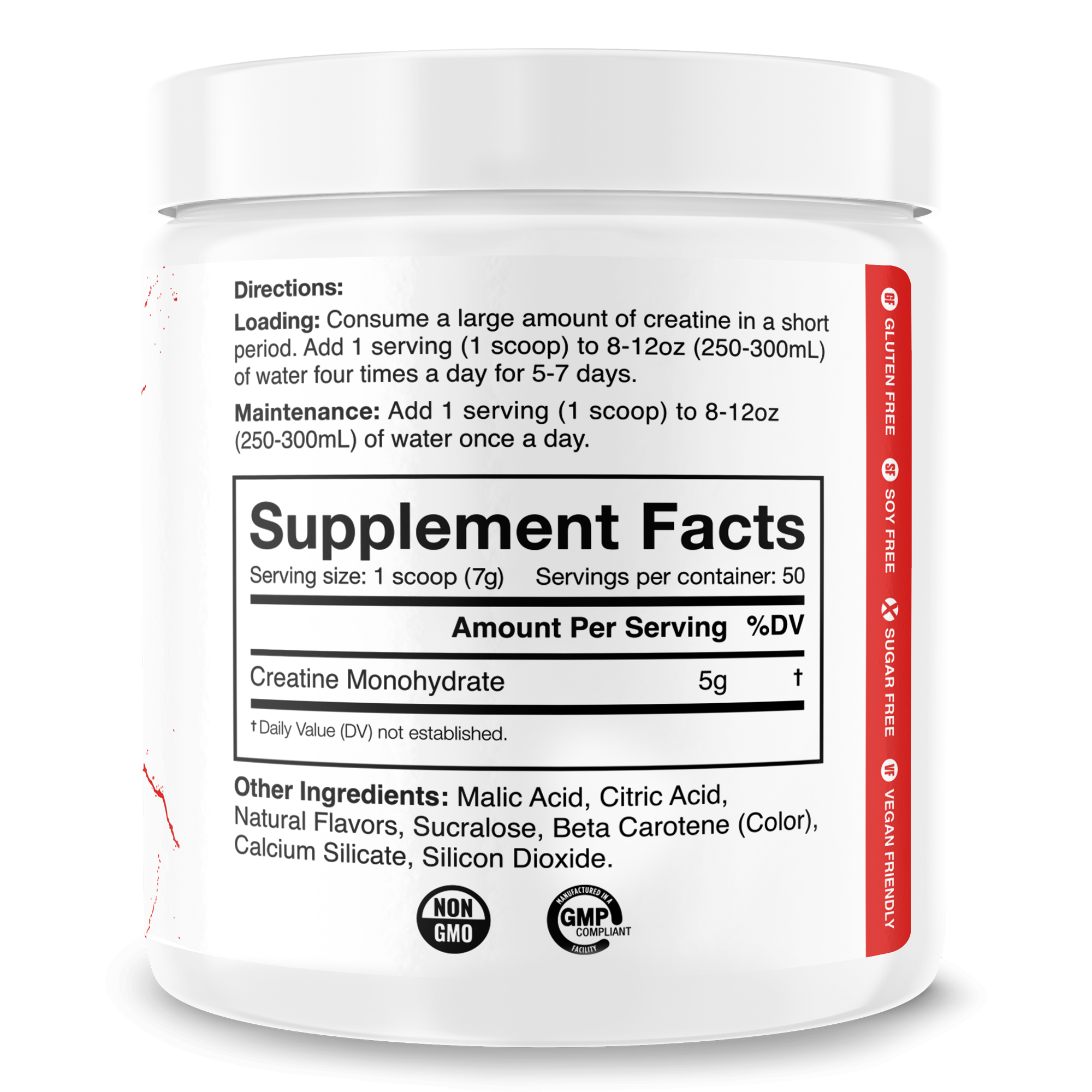 White plastic jar of Creatine Monohydrate supplement with black and red text supplement facts label showing 5g creatine per serving