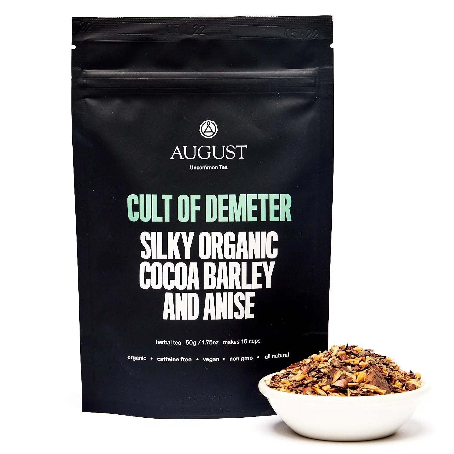 Cult of Demeter - Tea cocoa barley and anise blend in a black organic resealable pouch with loose tea