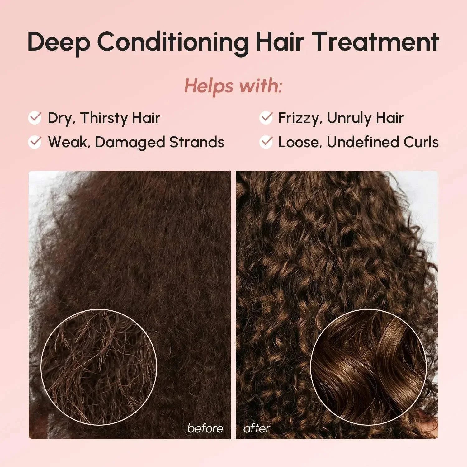 Curl Repair Hair Mask graphic compares frizzy, loosely defined dark curls before treatment with tighter, shinier curls after.