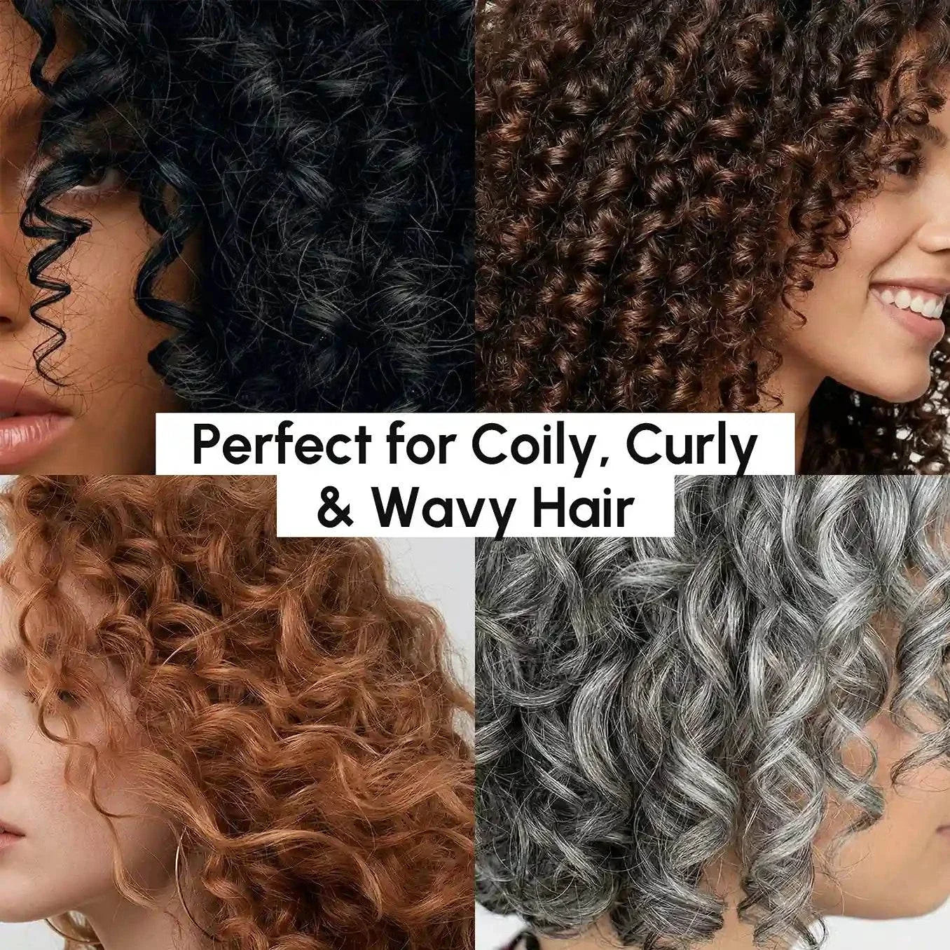 Curl Repair Hair Mask for coily, curly and wavy hair, shown alongside black, brown and silver curls