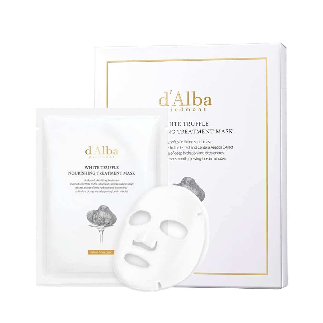 d Alba piedmont white truffle first spray serum shown as a white nourishing treatment mask with packaging in white and gold accents