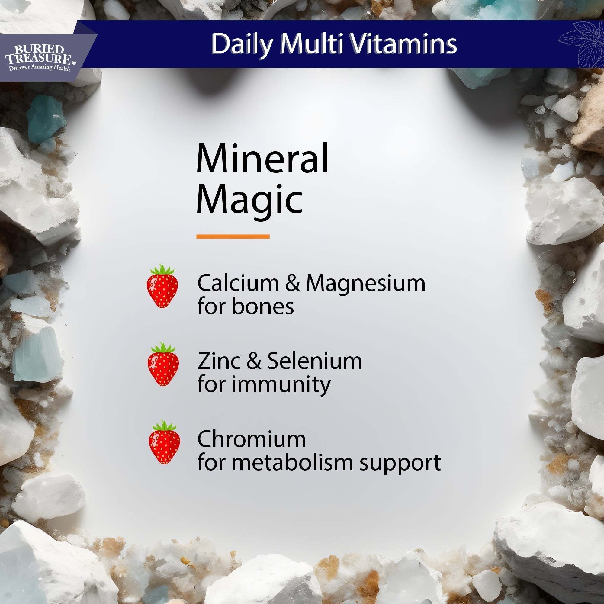 Daily Nutrition Liquid Multivitamin mineral supplement graphic featuring a white and navy design with strawberry icons and mineral benefits