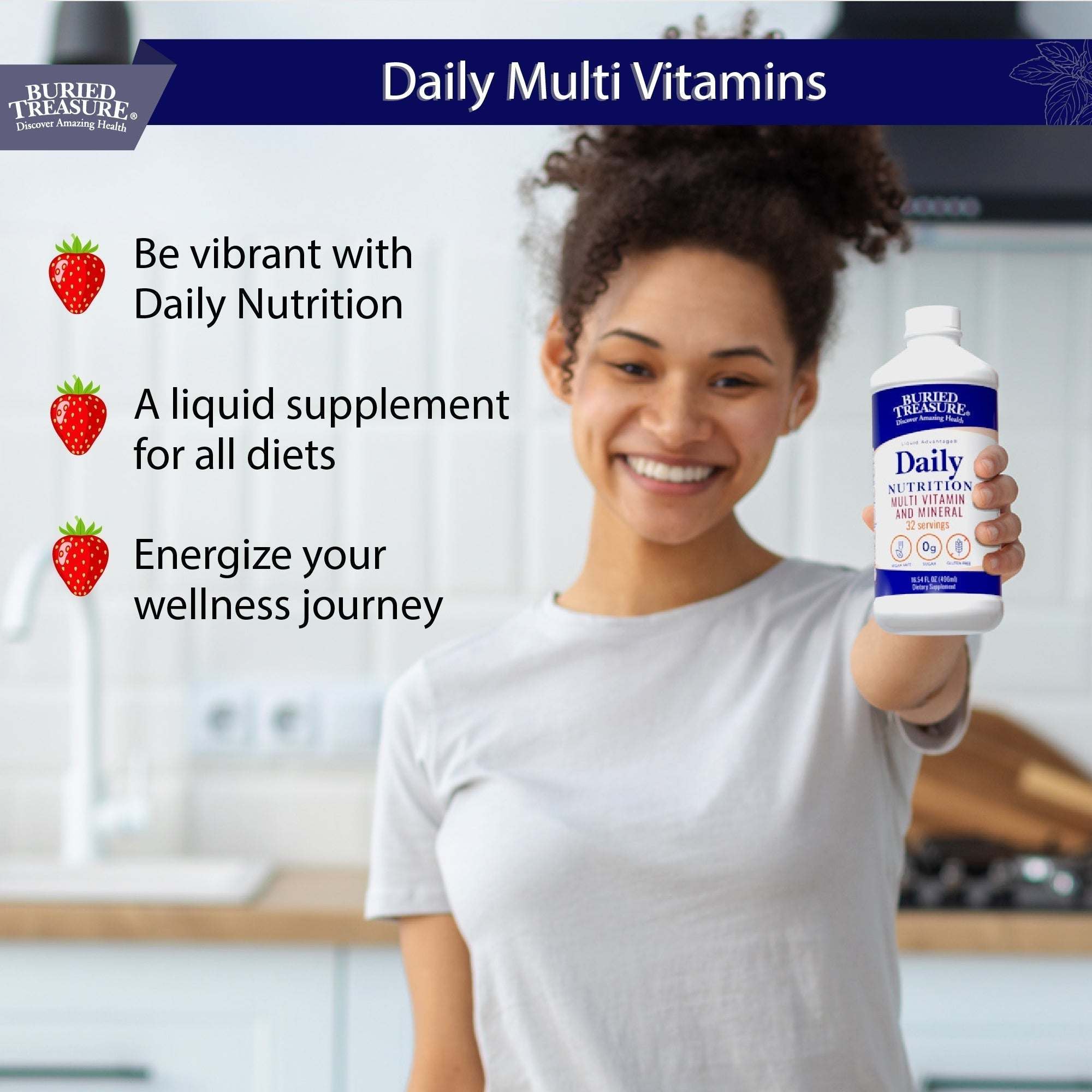 Daily Nutrition Liquid Multivitamin in a white bottle with a purple label, held by a smiling woman