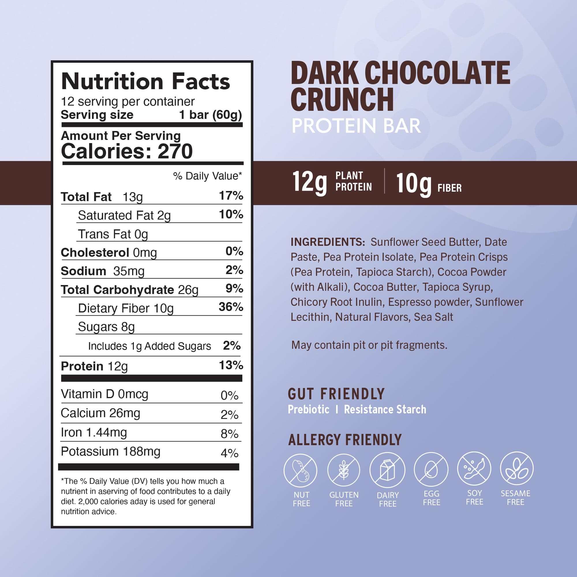 Dark Chocolate Crunch protein bar packaging in lavender and brown with bold lettering, 12g plant protein and 10g fiber