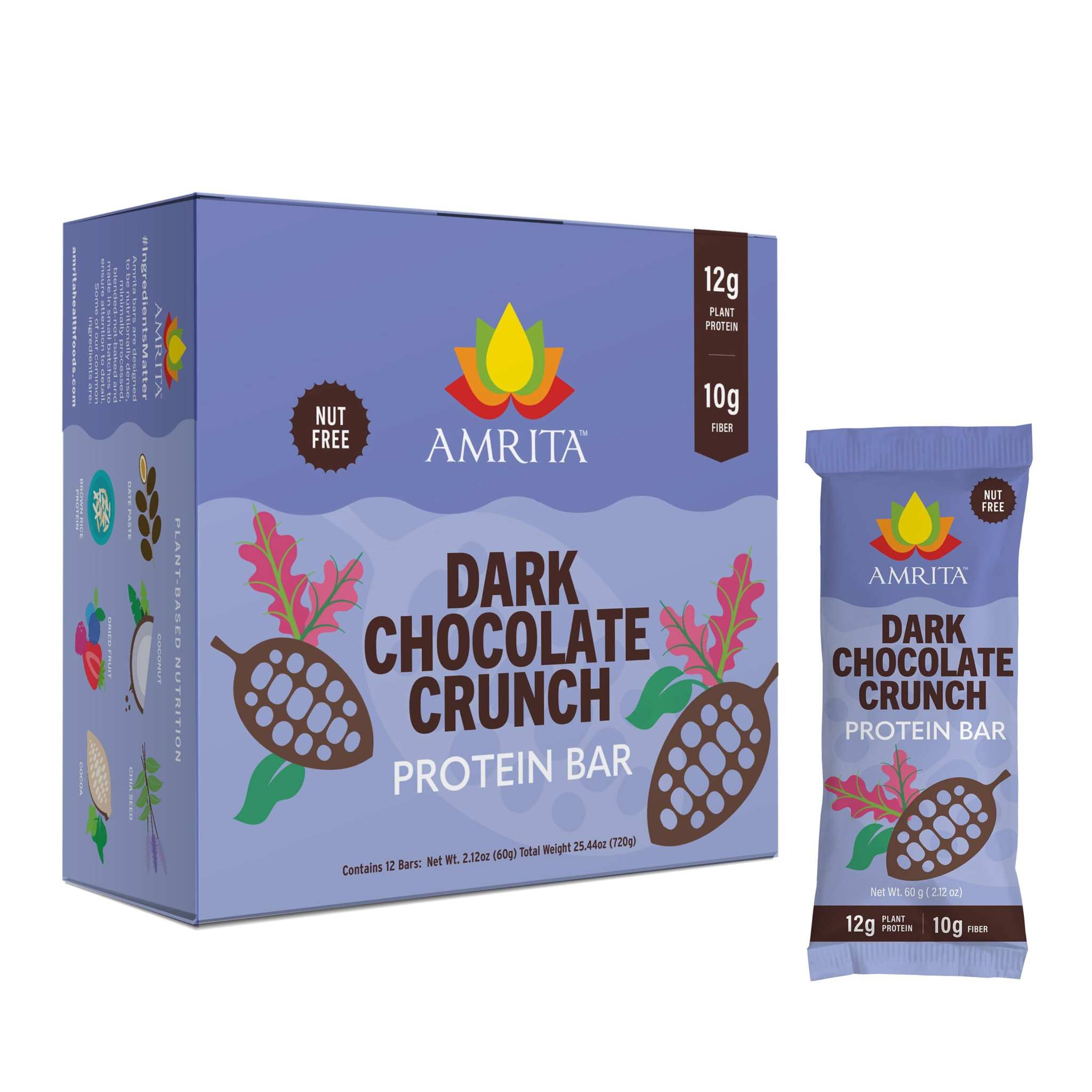 Dark Chocolate Crunch protein bar in purple packaging with cocoa pod artwork, showing a boxed pack and single bar