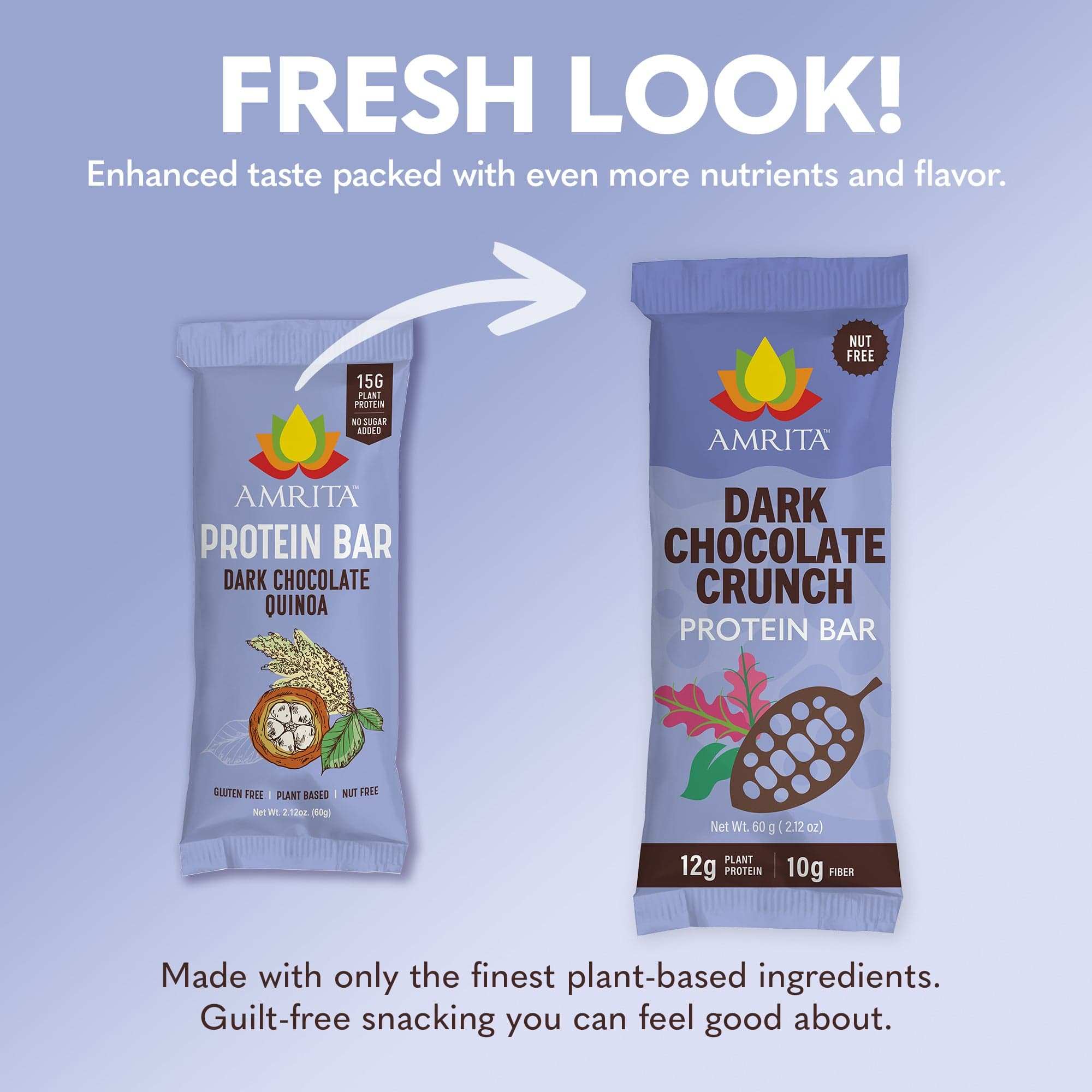 Dark Chocolate Crunch protein bar in a purple wrapper with bold lettering, cocoa pod artwork, and 12g protein and 10g fiber labels