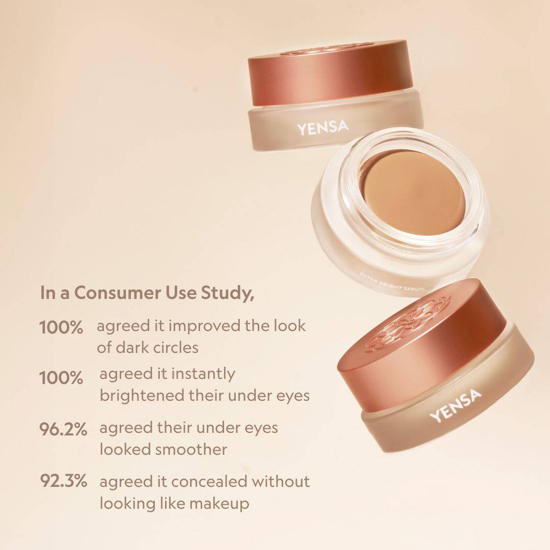 Dark Circle Serum in a warm beige cream pot with rose-gold lids, shown open with a smooth tinted corrector inside