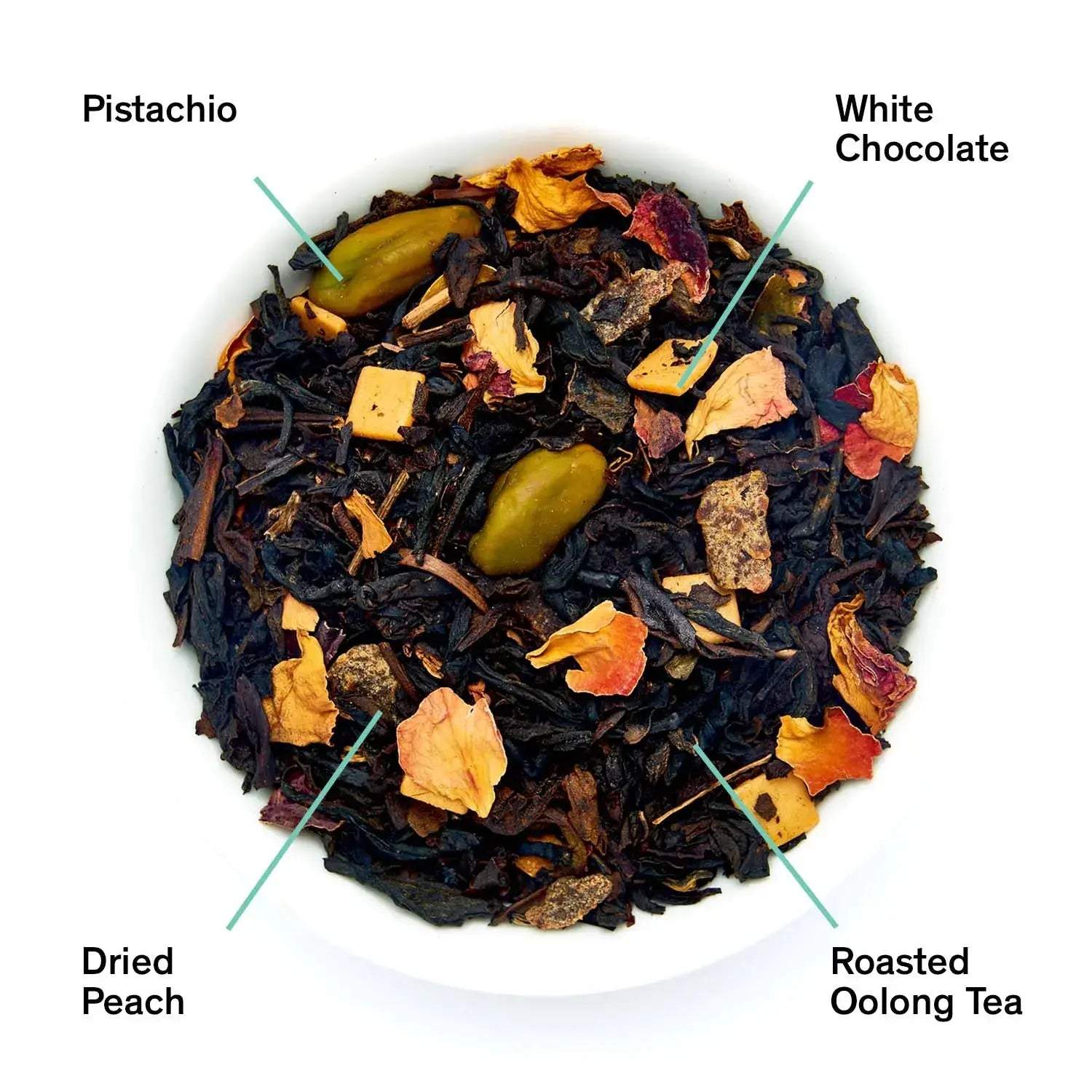 Dark Iris - Peach Pistachio Oolong Tea loose leaf blend with dark roasted leaves, dried peach, pistachios and white chocolate